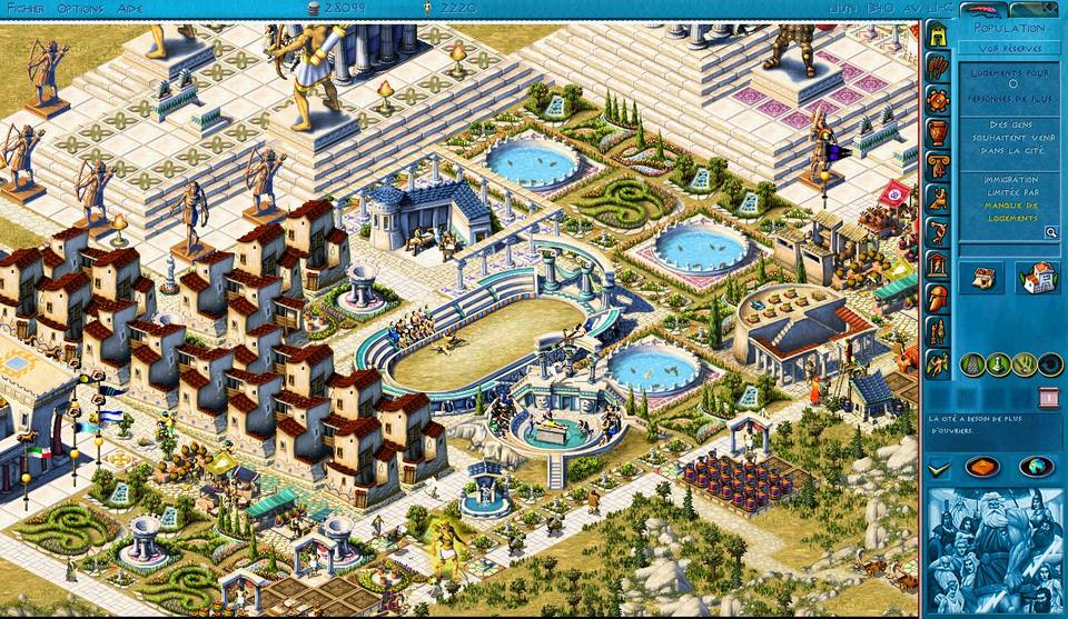 Une grande ville du jeu en mode large, interface en français